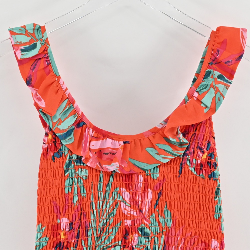 Sugar Lips Floral Smocked Ruffle Top Size S Tropical Vacation Sleeveless Orange - Picture 9 of 13